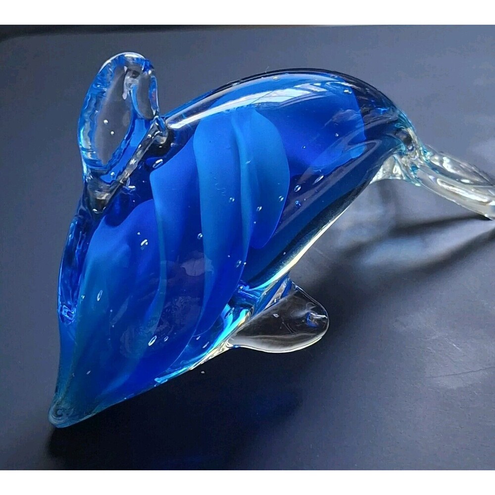 Vintage Hand Blown Art Glass Dolphin Figurine Blue Clear Paperweight 4"